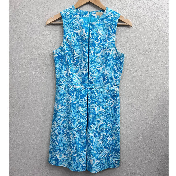MICHAEL KORS BLUE WHITE PLEATED FRONT HIGH NECK SLEEVELESS DRESS Size 4 - Picture 1 of 14